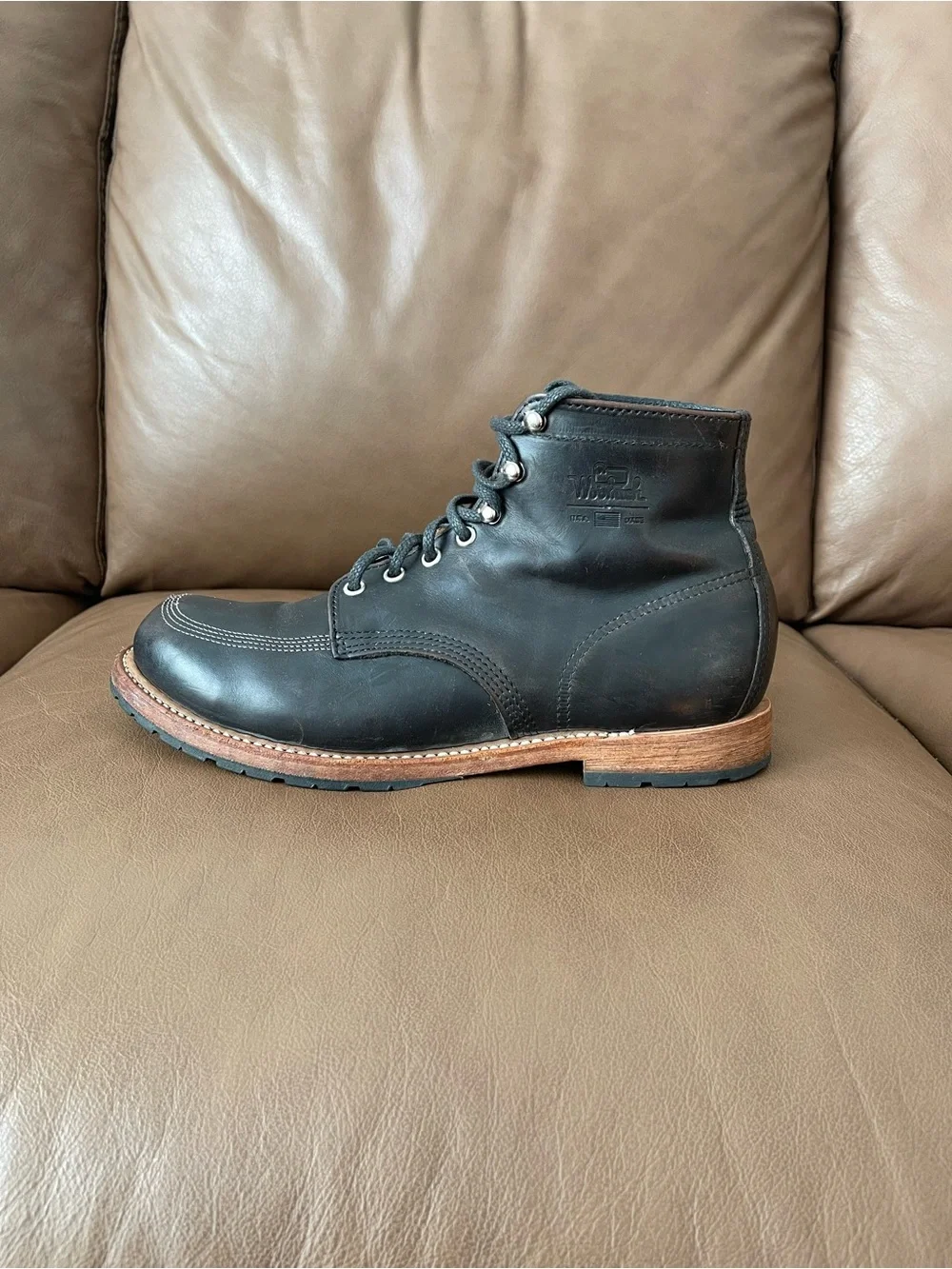 Men's Black Leather Moc Toe Lace-Up Work Boots